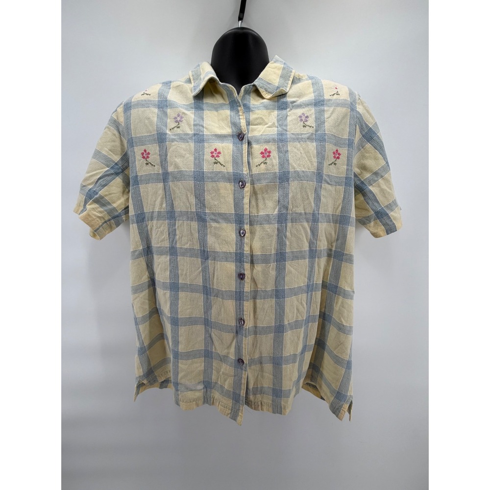 Bobbie Brooks Button Up Shirt Womens L Yellow Blue Plaid Floral‎ Embroidered - Picture 2 of 6